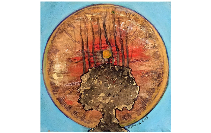 SC11 
Sun, Tree 
Mixed media, Gold and Silver foil on canvas 
12 x 12 inches 
Unavailable (Can be commissioned)